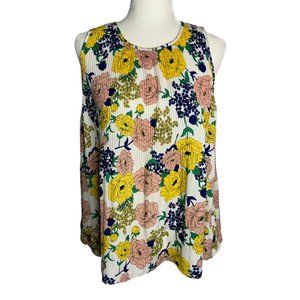 Carolina Belle Accordion Pleat Tank Top M White Floral Round Neck Key Hole